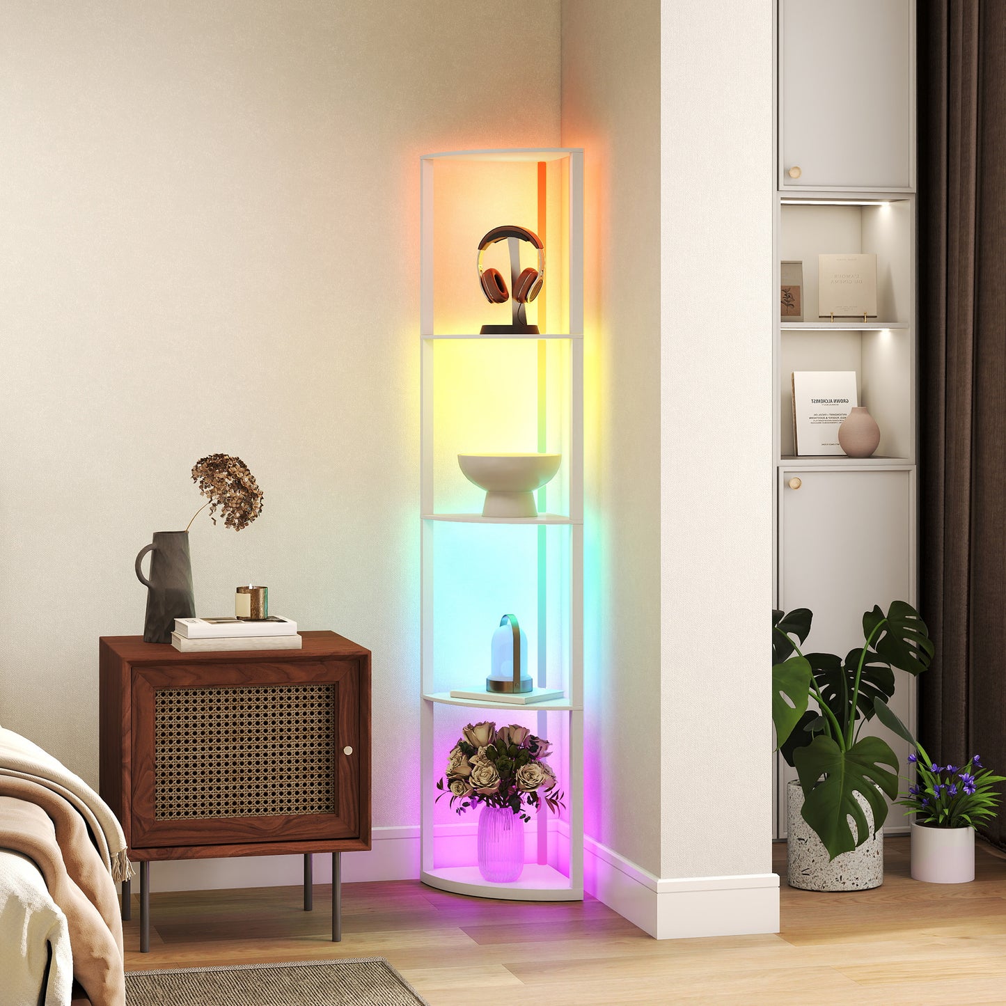 RGB LED Floor Lamp with Shelves, 4-Tier Dimmable Standing Lamp with Adjustable Brightness and Remote Control