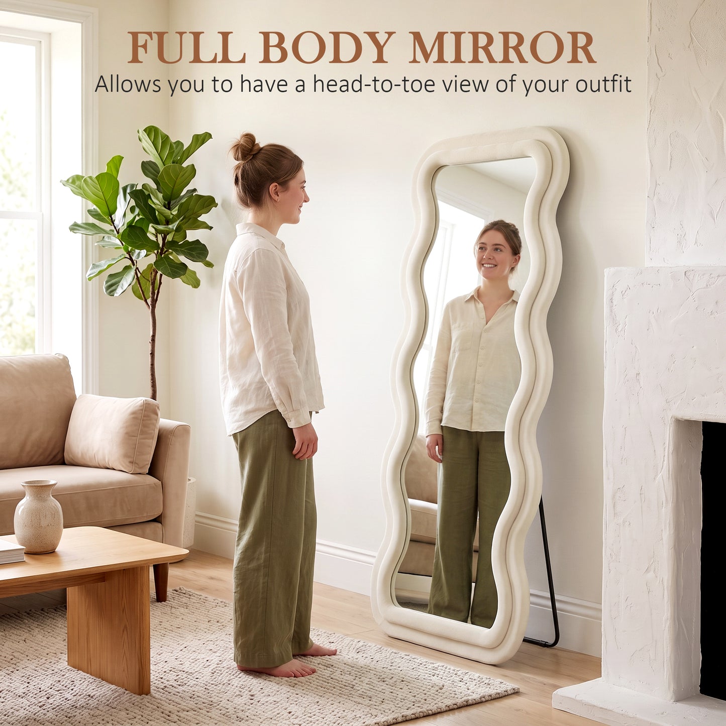 Full Length Mirror, 160 x 60 cm Wavy Full Body Wall Standing Mirror with Velvet Frame and Tempered Glass, Cream White