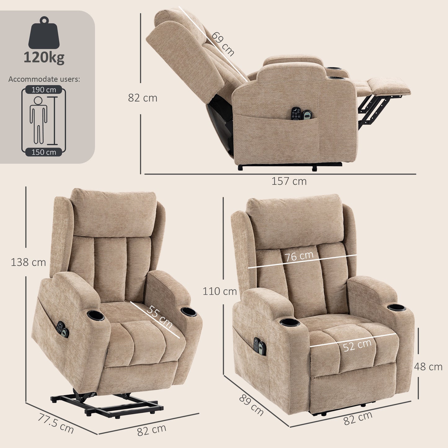 Power Lift Recliner Chair with Vibration Massage and Heat, Chenille Riser and Recliner Armchair for Elderly, Brown