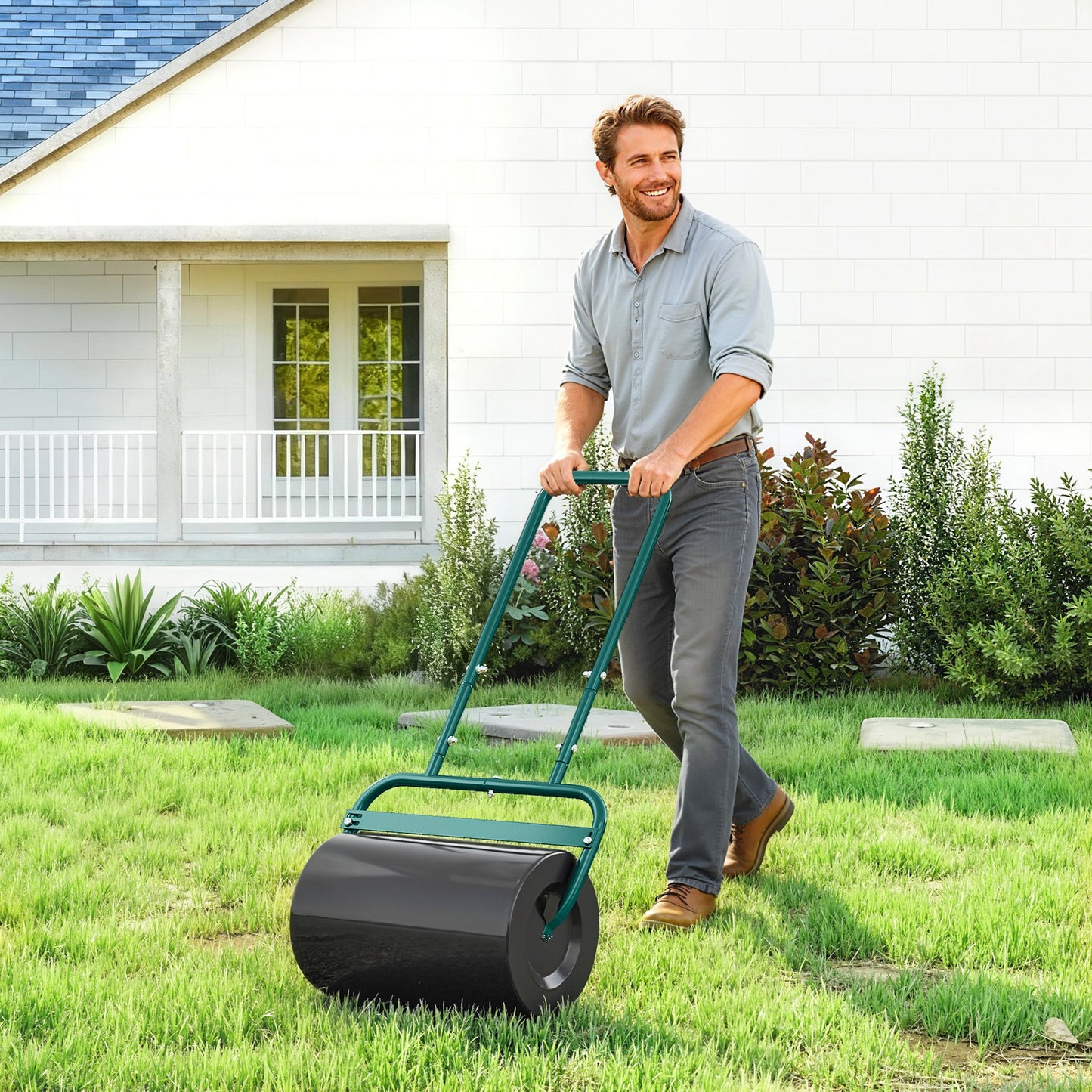 38L Fillable Cylinder Steel Lawn Roller - Dark Green