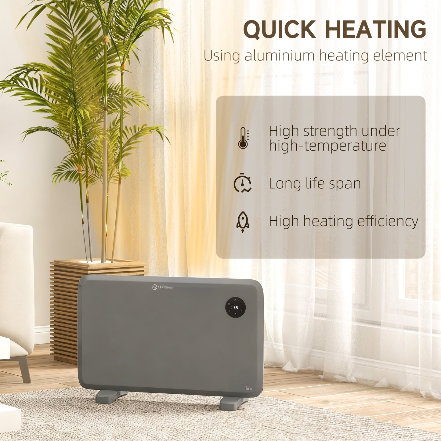 1200W Electric Convector Heater, Freestanding or Wall Mounted, Space Heater with Adjustable Thermostat, Timer, Grey
