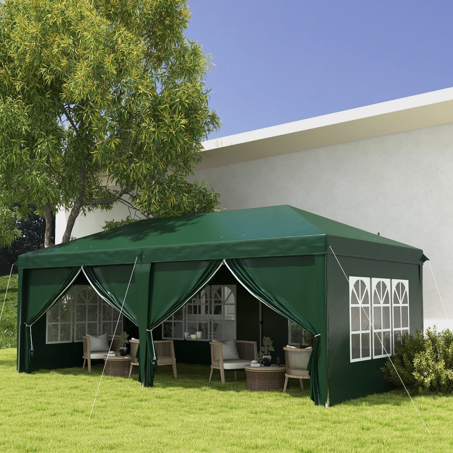 3x6m Pop-Up Gazebo, with Curtain Walls and Windows, Green
