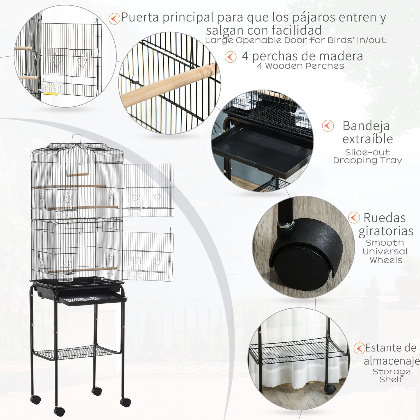Bird Cage Budgie Cages for Finch Canary Parakeet with Stand Wheels Slide-out Tray Accessories Storage Shelf
