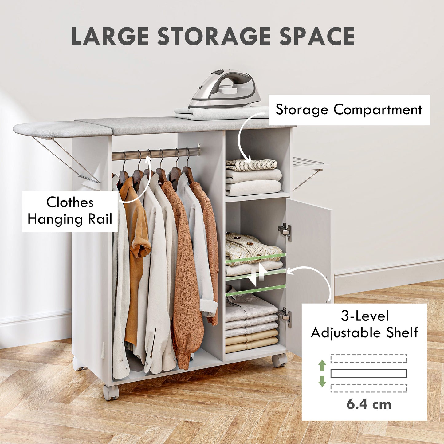 Rolling Ironing Board Cabinet, Foldable Ironing Station with Storage, Wheels for Home, Laundry Room, White