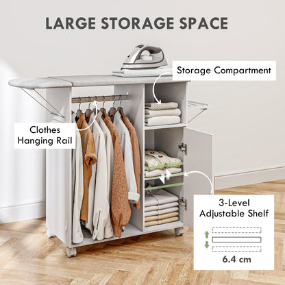 Rolling Ironing Board Cabinet, Foldable Ironing Station with Storage, Wheels for Home, Laundry Room, White