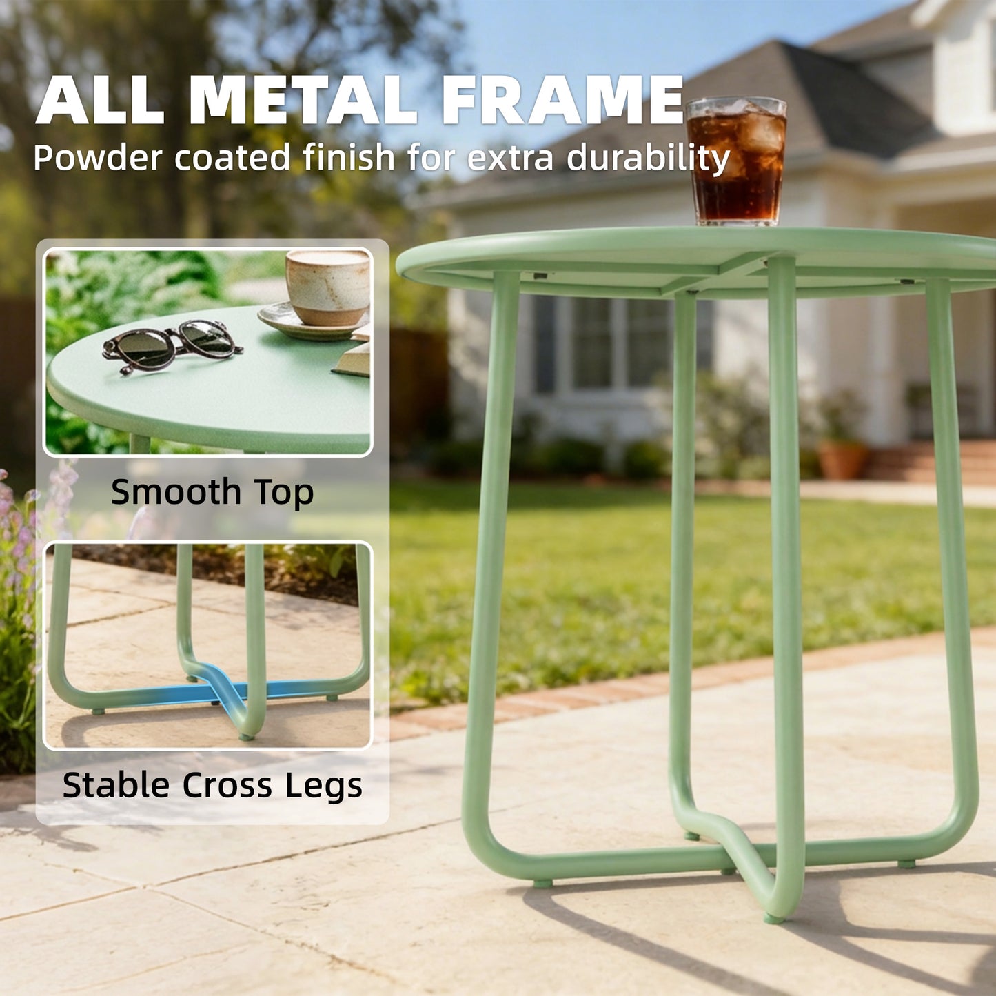 48 cm Round Garden Side Table, Small Metal Outdoor Garden Table with Rolled Edge, Green