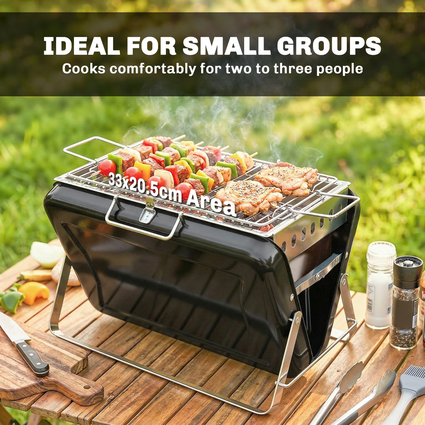 Charcoal BBQ Grill Portable Stainless Steel Barbecue with Tilting Grate for Camping Picnic Garden Black