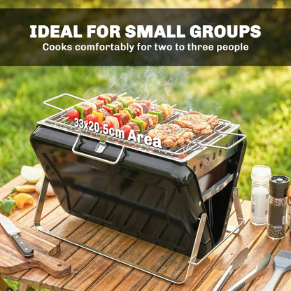 Charcoal BBQ Grill Portable Stainless Steel Barbecue with Tilting Grate for Camping Picnic Garden Black