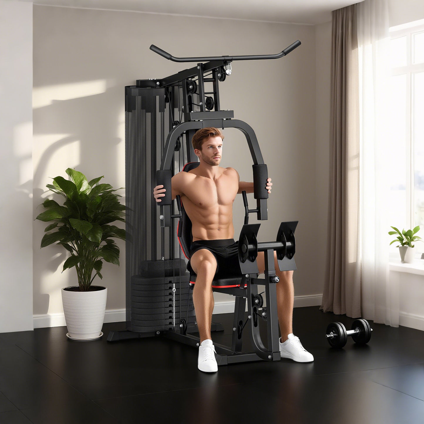 Weights Machine, Multi Gym with 45kg Weight Stack, Compact Home Gym Leg Press Machine for Full Body Training