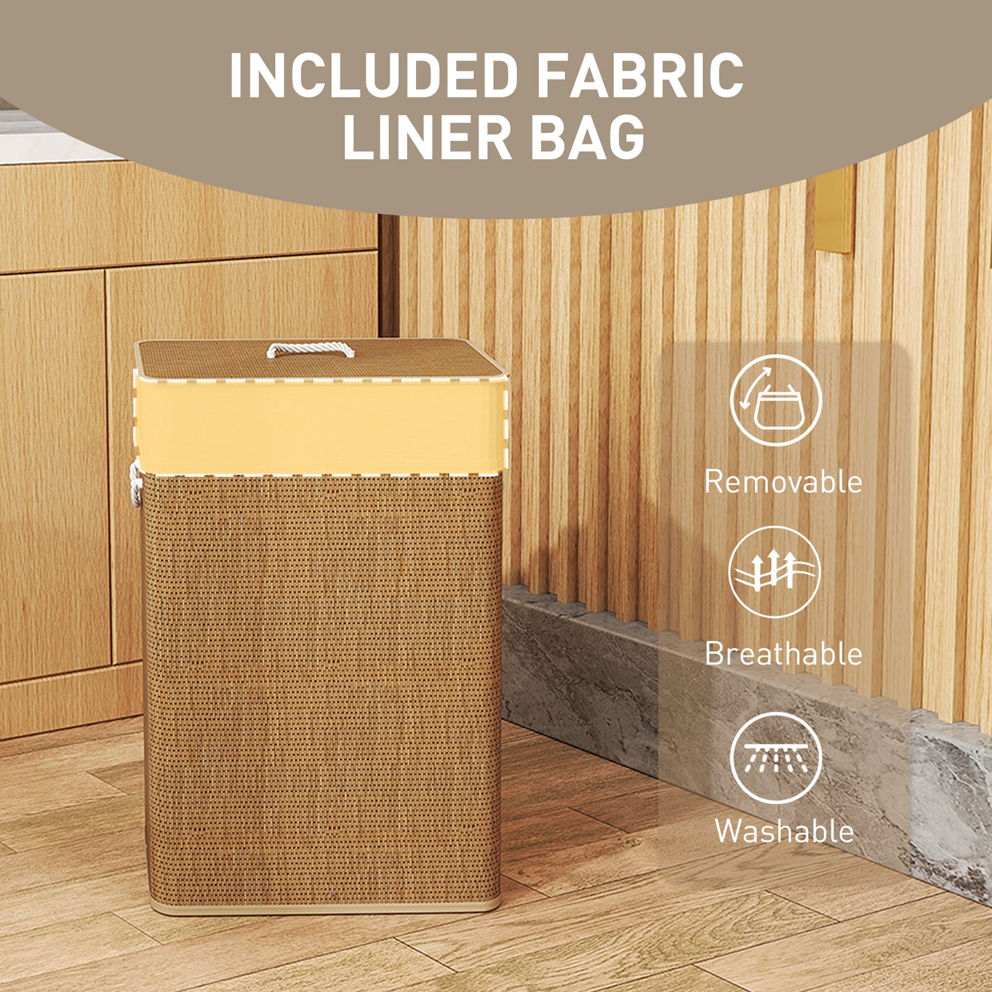 Bamboo Laundry Basket with Lid, 72L Laundry Hamper with Rope Handles