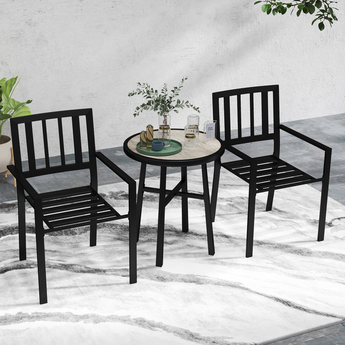 3 Piece Patio Bistro Set with Plastic Top, 2 Stackable Chairs, Galvanised Steel Frame, Grey