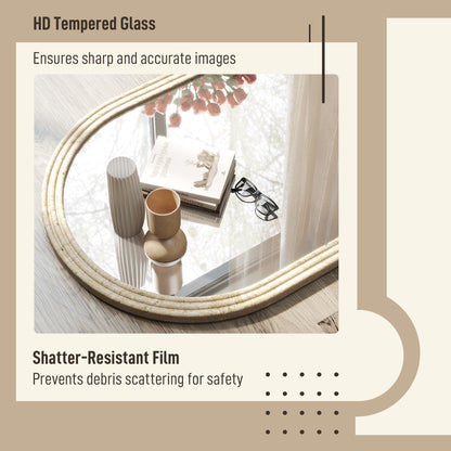 Arched Wall Mirror with Grooved Edge & Hooks, Wall-Mounted Mirror, Modern Tempered Glass & Polystyrene Beige