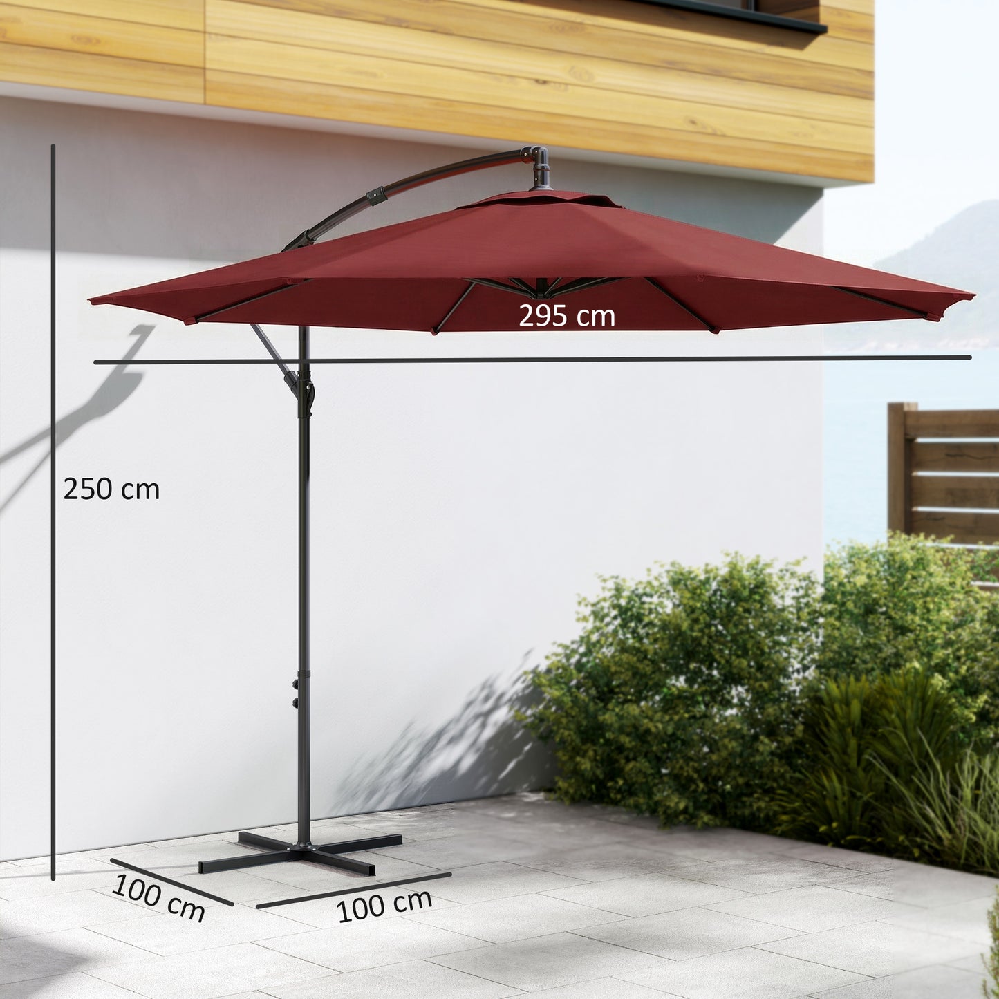 3 m Overhanging Cantilever Parasol, with Cross Base - Wine Red