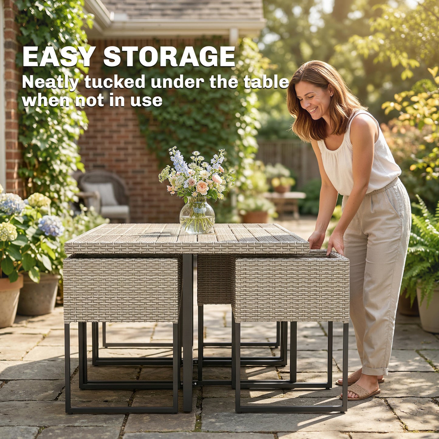 7 Piece Rattan Garden Furniture Set, Garden Dining Set with Wood-Plastic Table and 6 Stackable Chairs, Light Grey