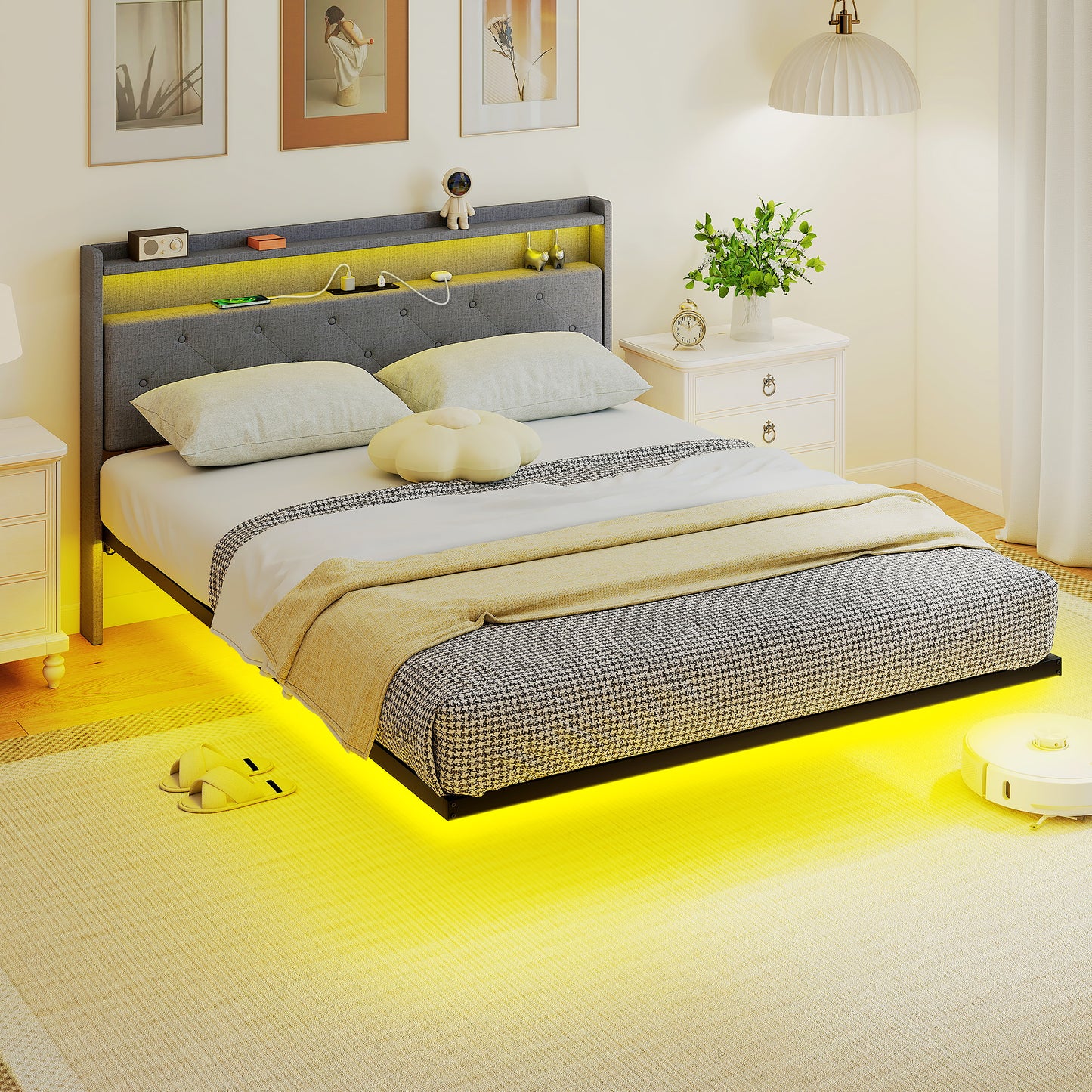 Floating Bed Frame, Upholstered 5ft King Size Bed, Platform Bed with RGB LED Lights and Charging Station, Grey