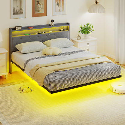 Floating Bed Frame, Upholstered 5ft King Size Bed, Platform Bed with RGB LED Lights and Charging Station, Grey