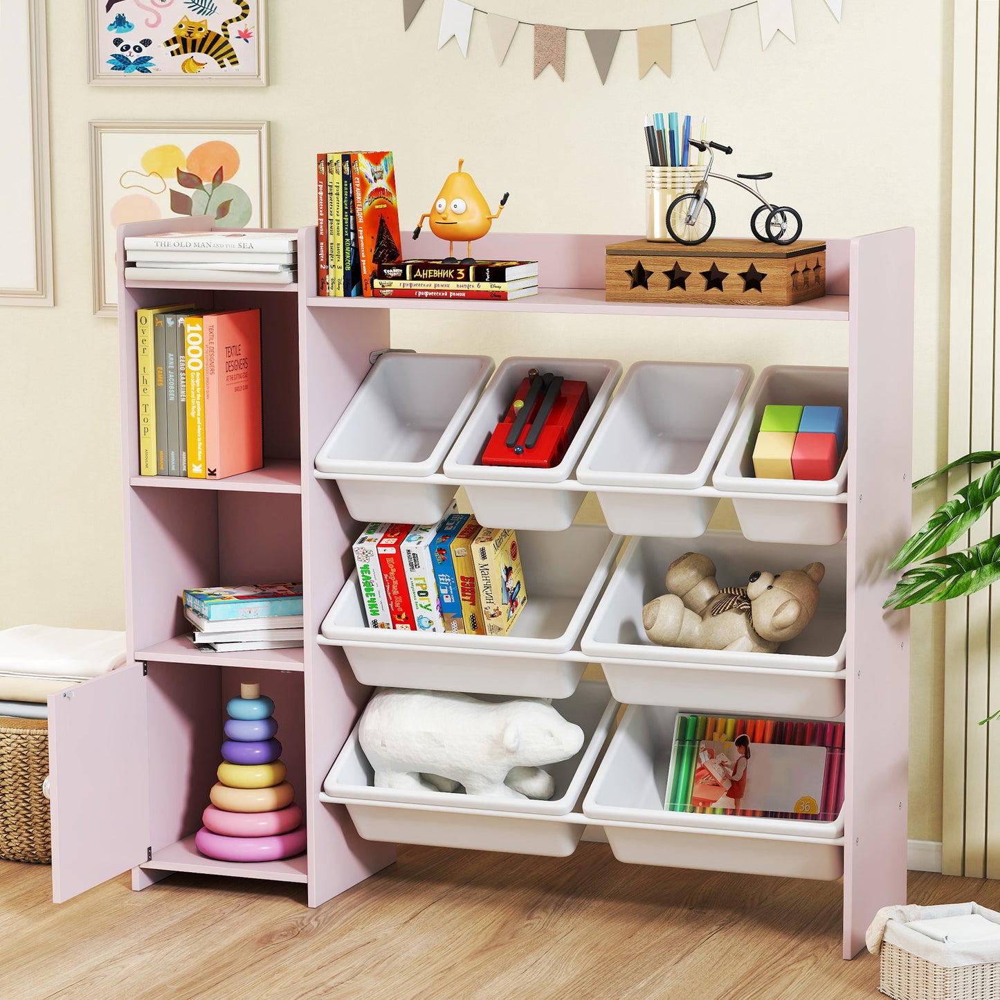 Toy Storage Unit with 8 Removable Bins, Storage Shelves, Cabinet, Pink