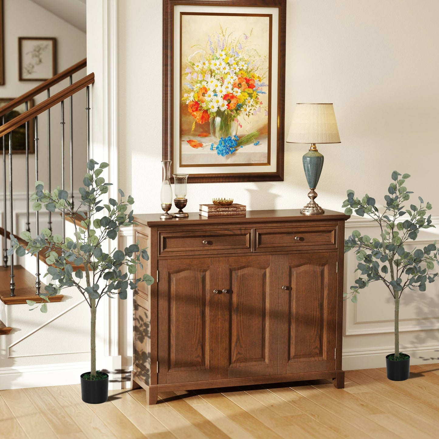 Set of 2 Decorative Artificial Tree, 4ft/ 120cm Silk Eucalyptus Trees with 230 Silver Dollar Leaves in Pot