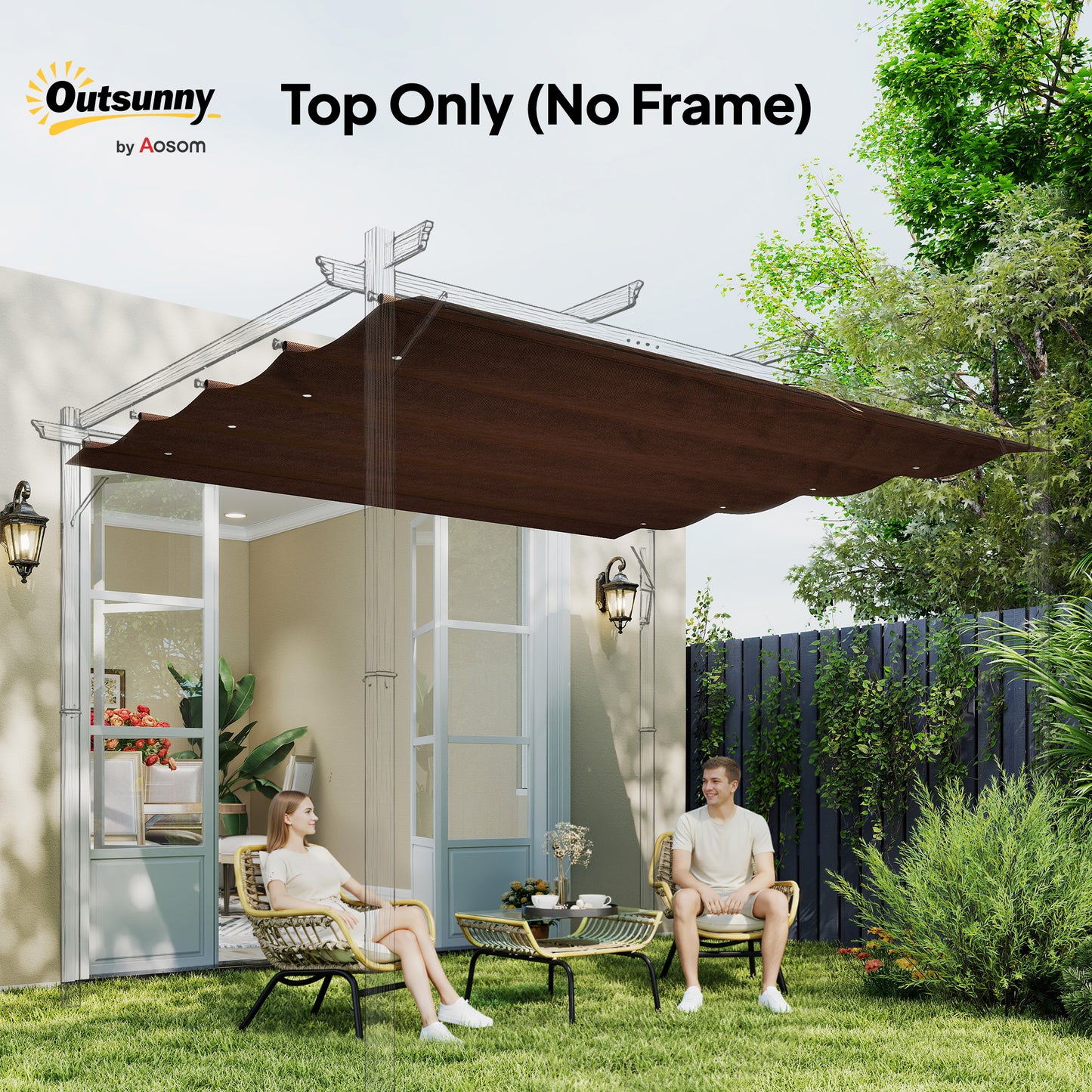 Pergola Cover Roof, 2.86 x 2.45 m Retractable Sun Shade Top for 3 x 2m Pergola Frame, UV30+ Protected, Coffee