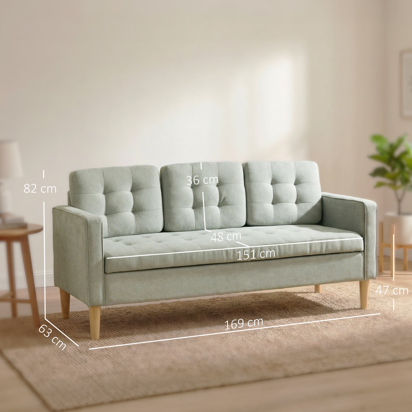 3 Seater Sofa, 169cm Couch with Hidden Storage, Wood Legs, Light Grey
