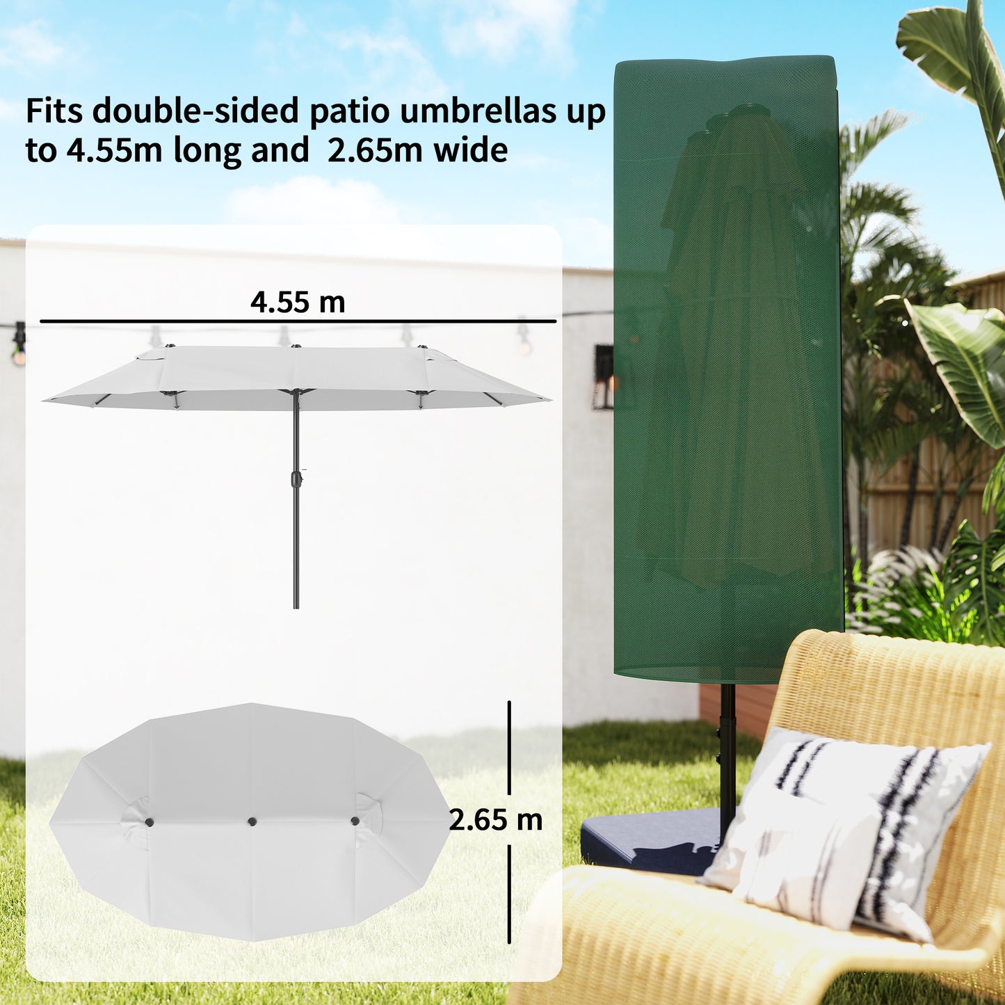 Garden Parasol Cover, Outdoor Patio Umbrella Protector Weatherproof Garden Patio for 2-4.6m Parasol, Dark Green