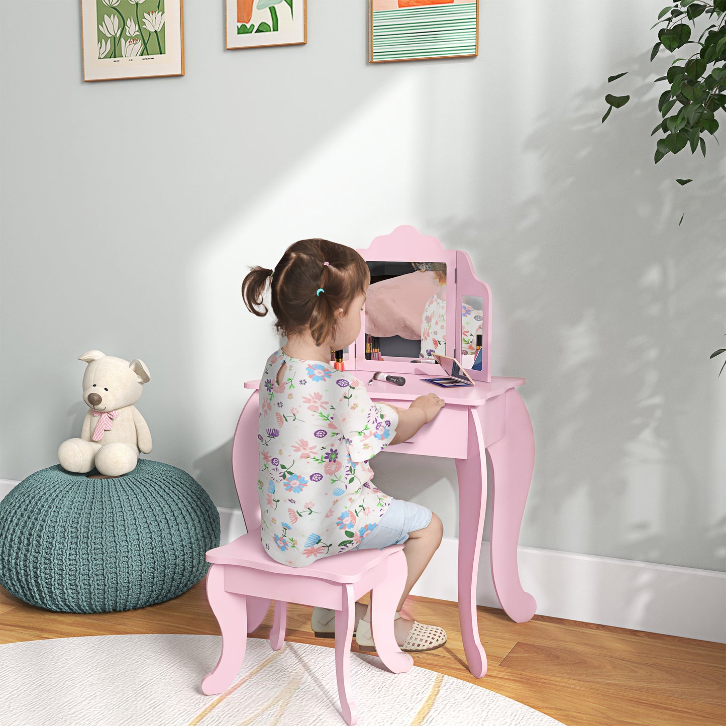Kids Vanity Table and Chair Set with Tri-Folding Mirror and Stool, Makeup Dressing Table with Drawer, Pink