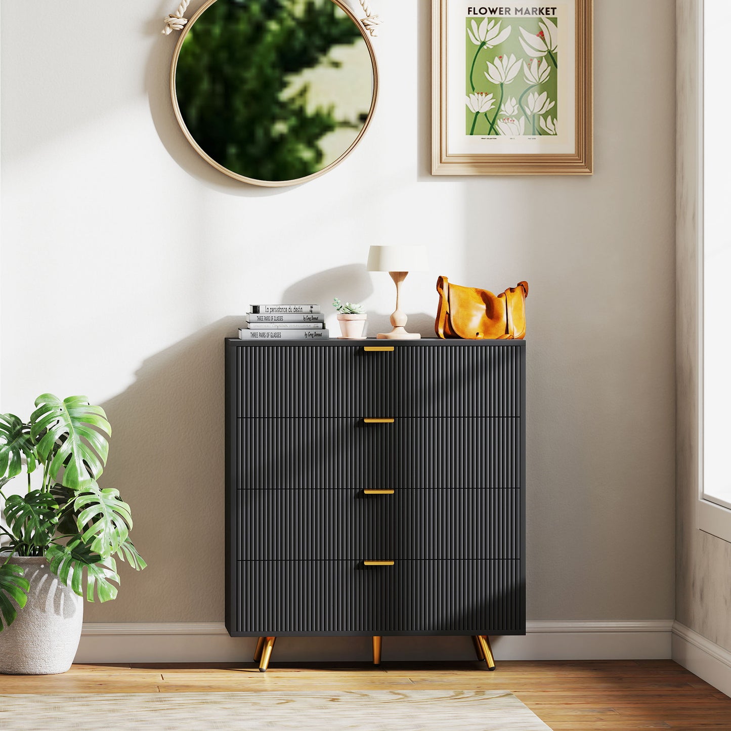 Elegant Four-Drawer Bedside Table - Black