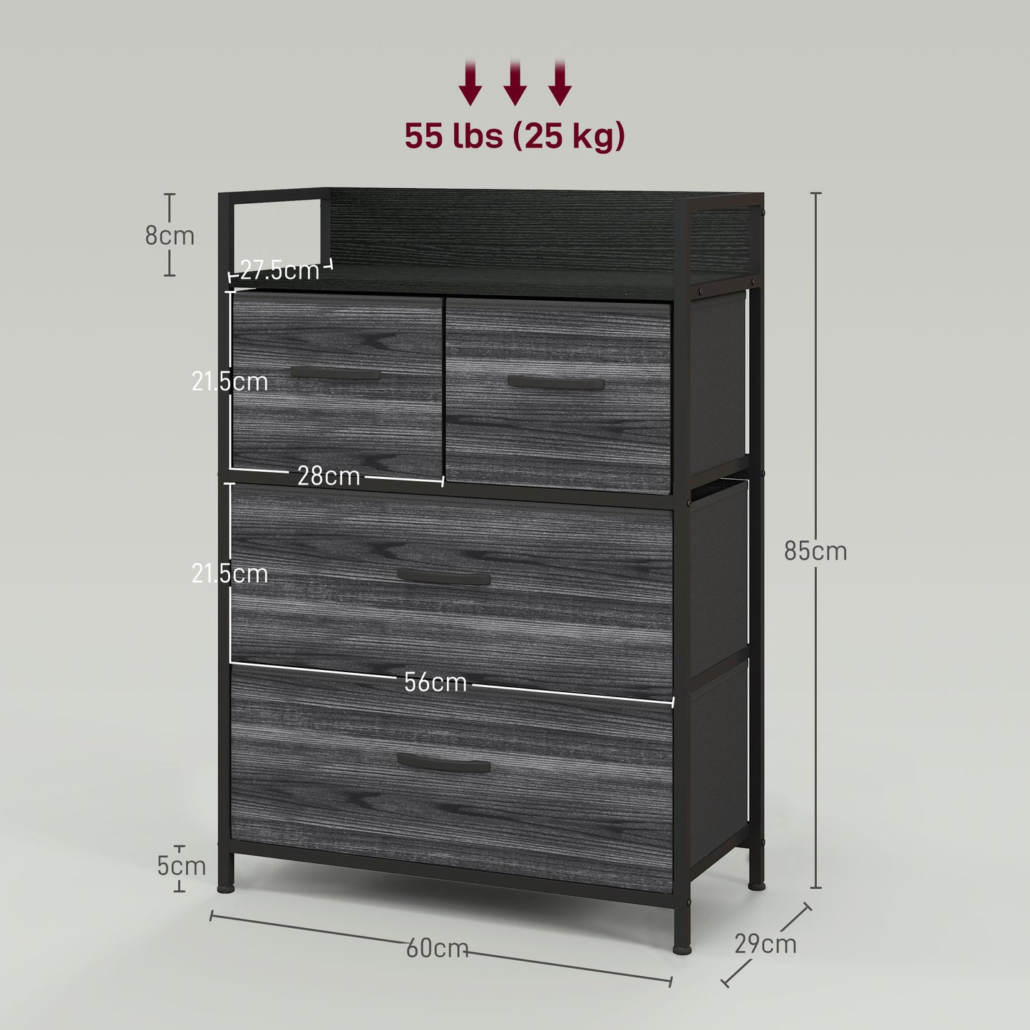 Rustic Chest of Four Fabric Drawers - Black