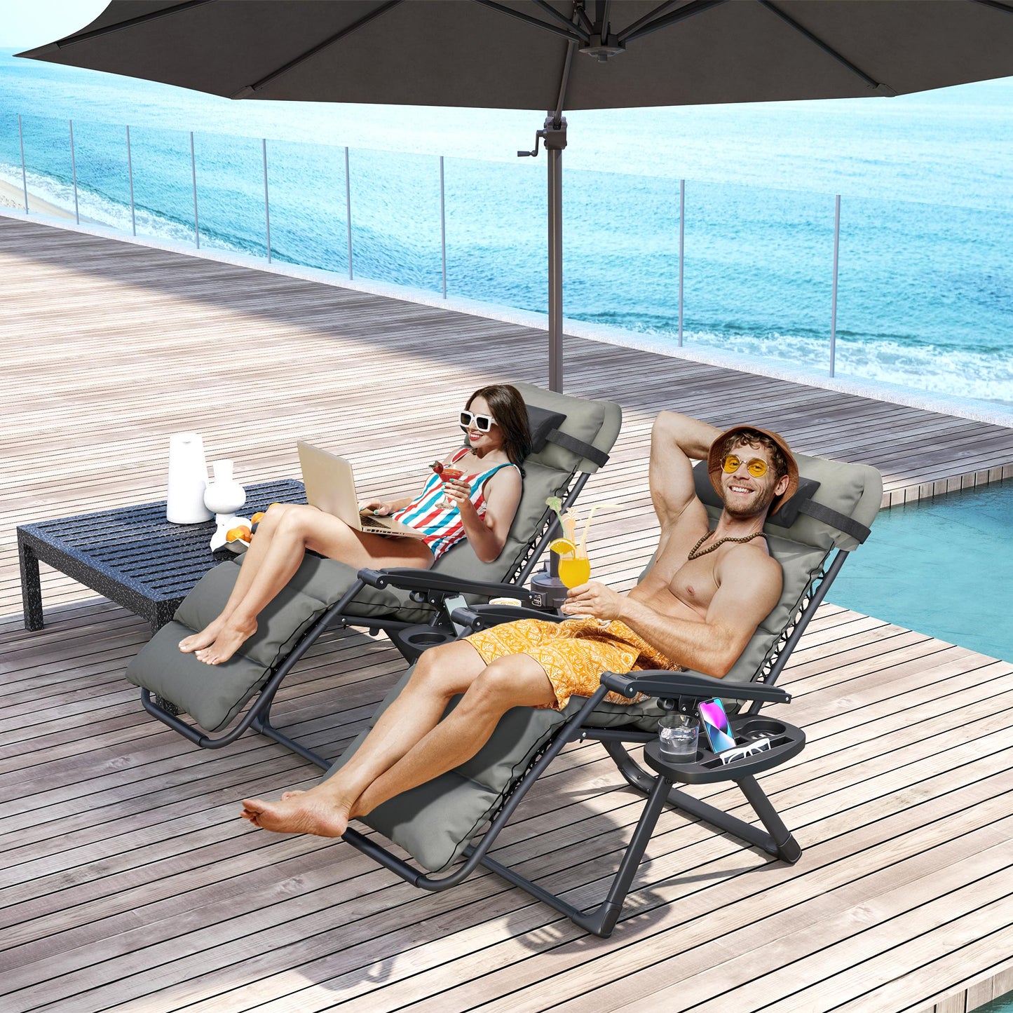 Set of Two Reclining Sun Loungers, with Cushion - Grey