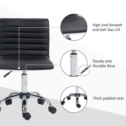Armless Task Desk Chair, Swivel Office Chair with Faux Leather, Adjustable Seat Height, Chrome Base, Wheels for Home, Black