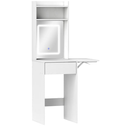 Small Vanity Desk with Mirror and LED Lights, Compact Dressing Table with Drop Leaf, Open Shelves and Drawer, White
