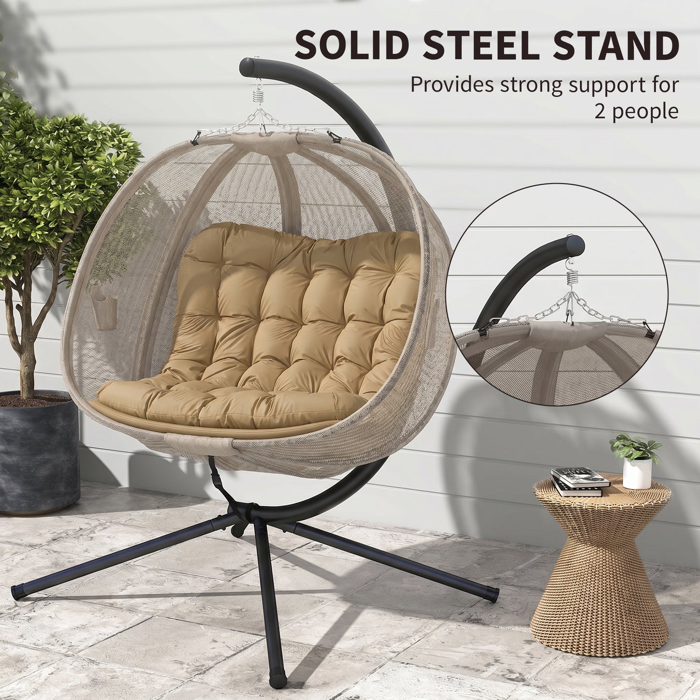 Double Hanging Egg Chair 2 Seaters Texteline Swing Hammock Chair with Stand, Cushion and Folding Design
