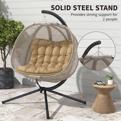 Double Hanging Egg Chair 2 Seaters Texteline Swing Hammock Chair with Stand, Cushion and Folding Design