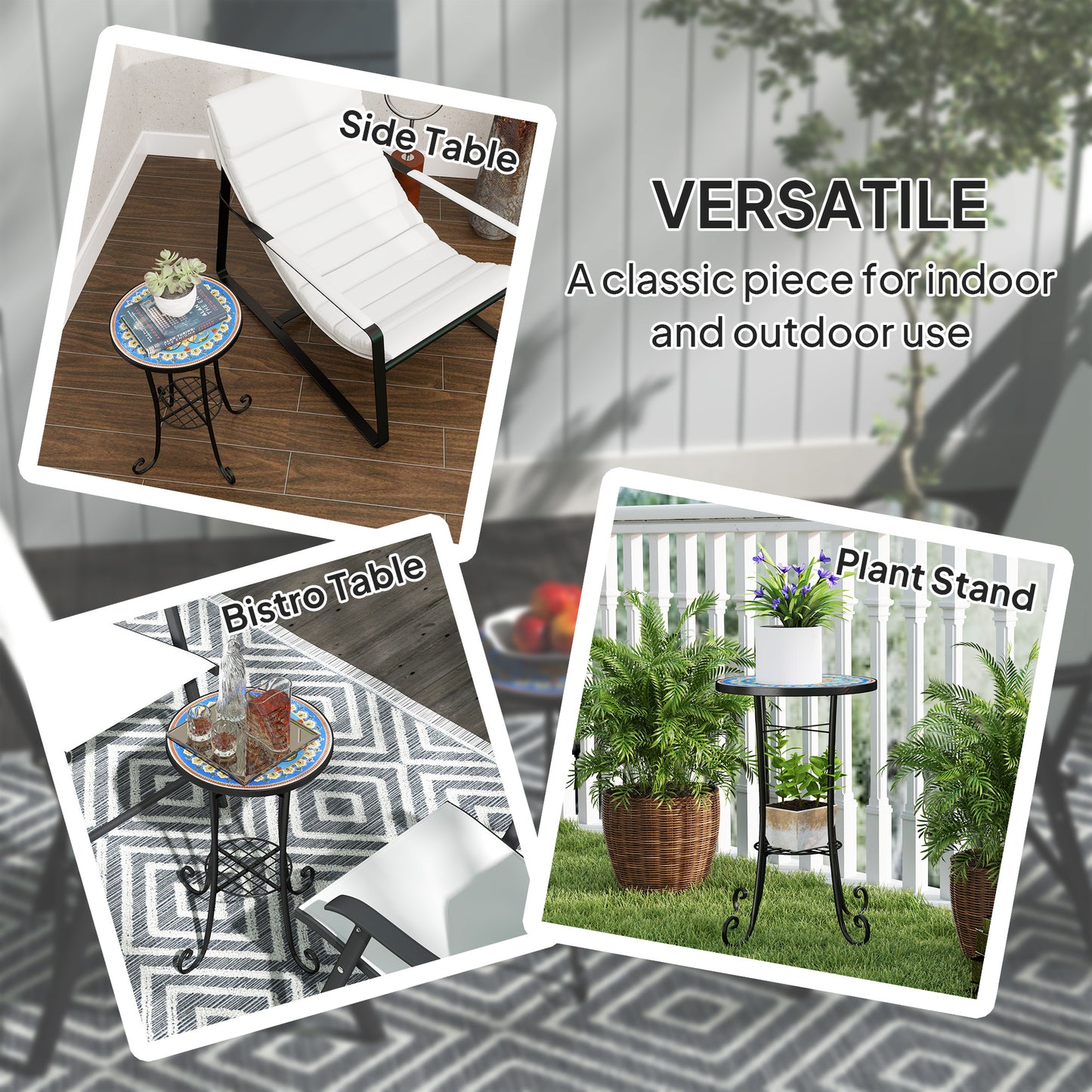 Mosaic Garden Table, 35.5 cm Round Outdoor Table with Shelf, Ceramic Tile Top