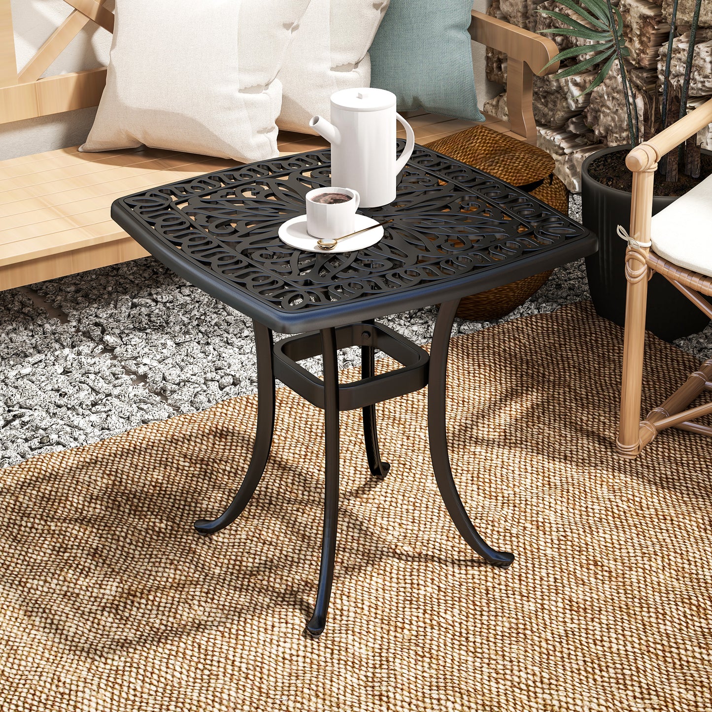 Outdoor Garden Table, Cast Aluminium Patio End Table with Umbrella Hole and Anti-slip Foot Pads for Garden, Patio, Balcony