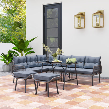 6 Piece Rattan Garden Furniture Set, 8 Seater Garden Corner Sofa with Cushions and Glass Top Table