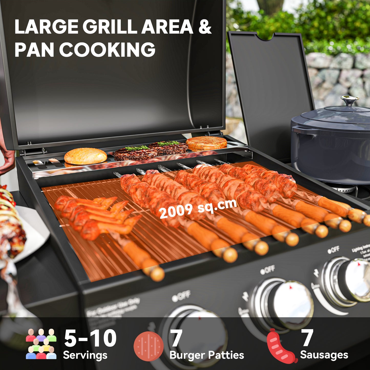 3+1 Burner Gas BBQ Grill with Storage Cabinet and Shelves, 9.5 kW Gas Barbecue Trolley with 6 Castor Wheels, Warming Rack