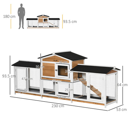 2-Tier Large Rabbit Hutch Outdoor with Double Side Run Boxes, No-leak Plastic Tray, Ramp, 230 x 53 x 93.5cm, White