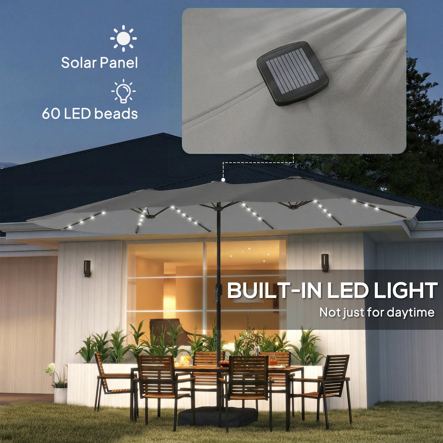 Patio Umbrella Double-Sided Outdoor Umbrella with Solar Lights Base, Grey
