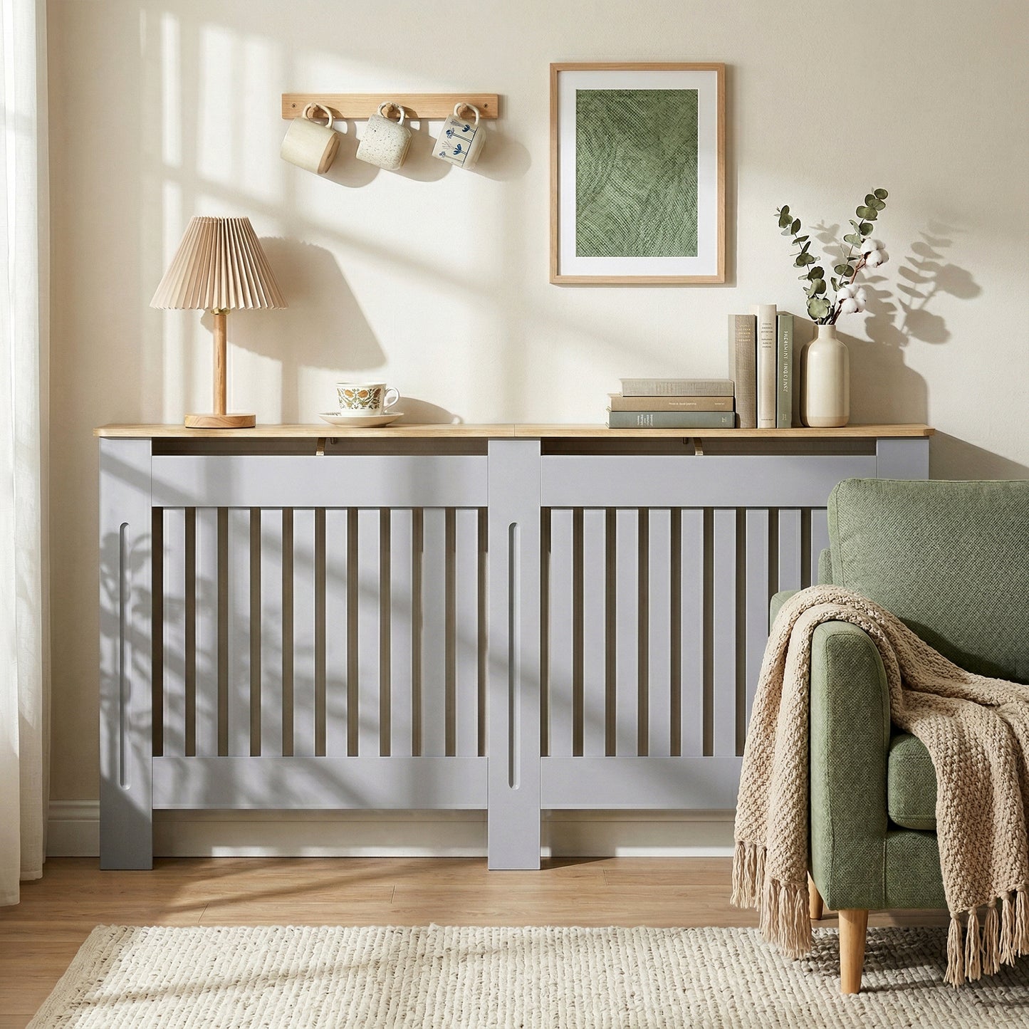 Slatted Radiator Cover, Painted Cabinet with Line Grill Design, 172L × 19W × 81H cm, Grey