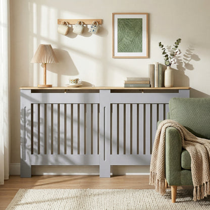 Slatted Radiator Cover, Painted Cabinet with Line Grill Design, 172L × 19W × 81H cm, Grey