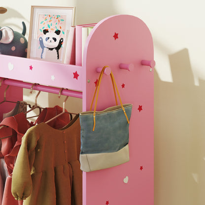 Kids Clothes Rail, Kids Wardrobe with Mirror, Shelves, Fabric Storage and Hooks for Bedroom, Nursery, Pink
