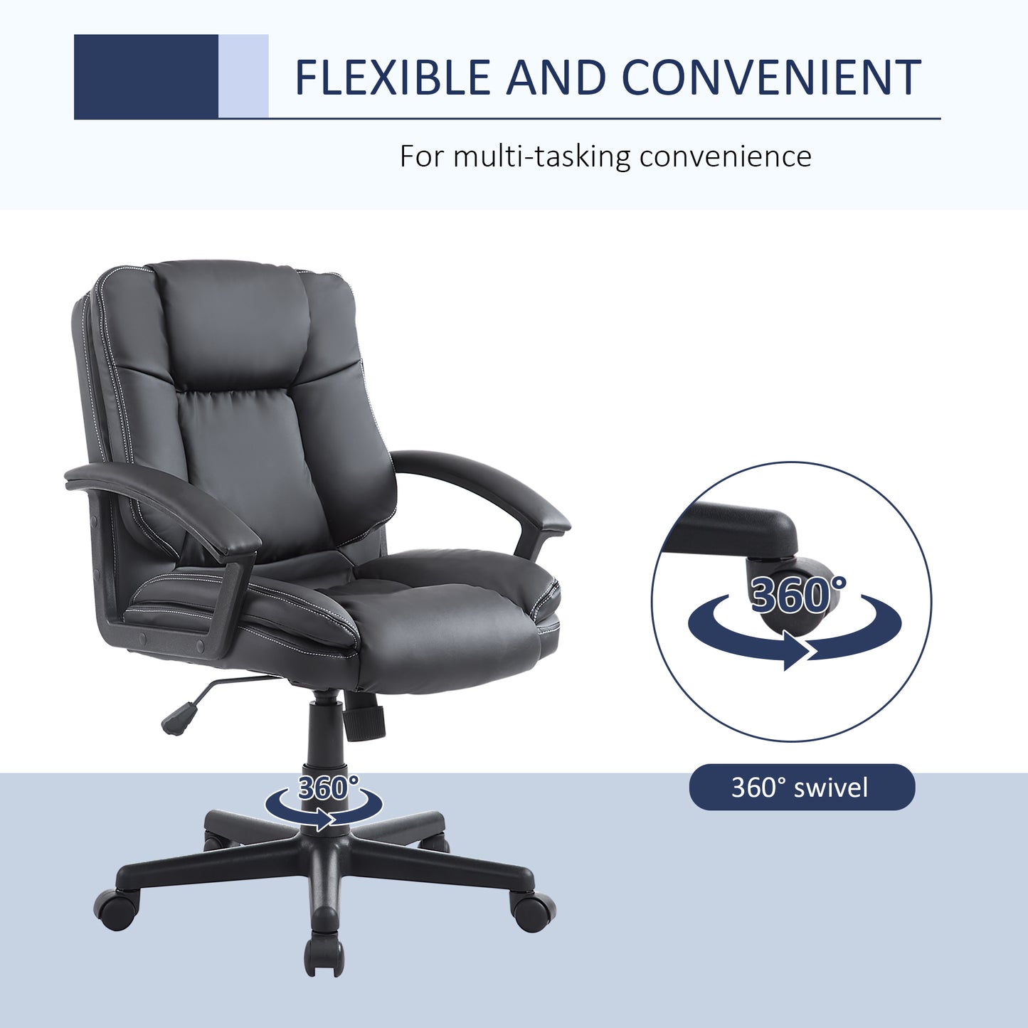 Desk Chair, PU Leather Office Chair with Adjustable Height and Swivel Wheels, for Home Work Study, Black