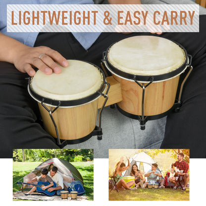 Wooden Bongo Drum Set Φ7.75" & Φ7" w/ Drum Head, Percussion Instrument, Drums, Tuning Wrench For Adults Beginners