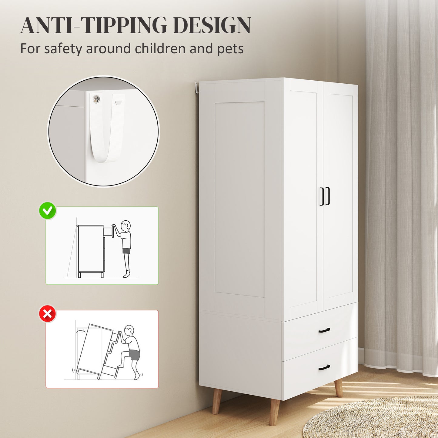 2-Door Wardrobe, Modern Wardrobe with 2 Drawers and Hanging Rail for Bedroom, White