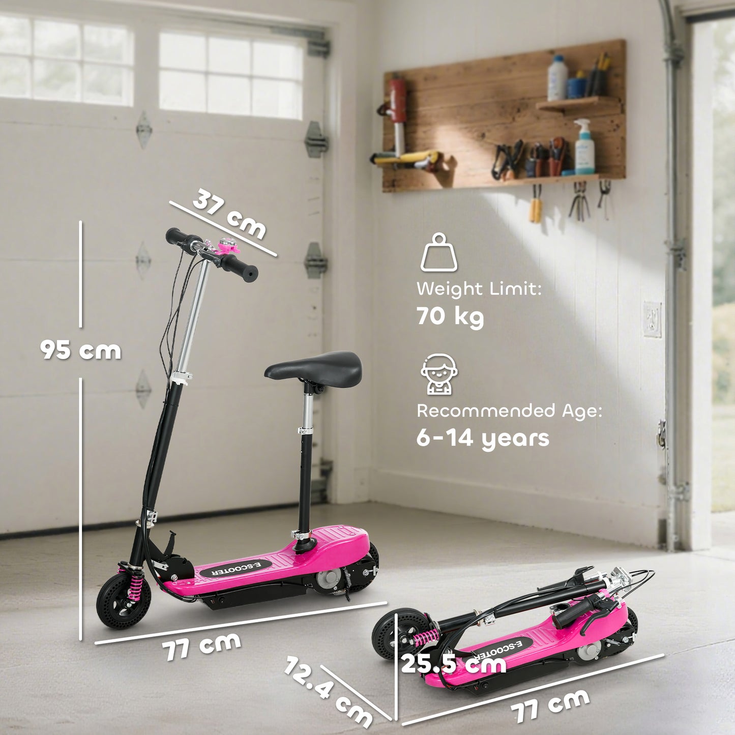 Steel Ride on Powered Scooter, Folding E-Scooter with Warning Bell, 15km/h Maximum Speed, for 6-14 Years Old, Pink