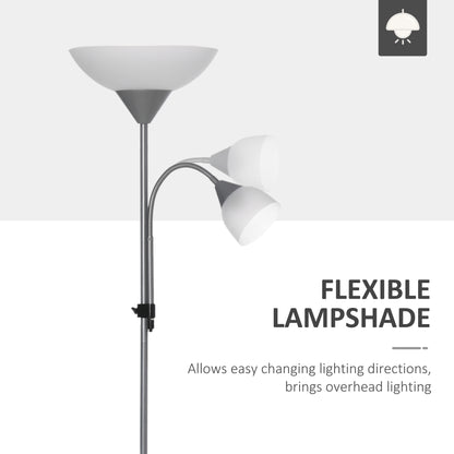 LED Floor Lamp for Living Room, 180cm Tall Standing Lamp, Mother and Child Uplighter with Adjustable Gooseneck, Silver Tone