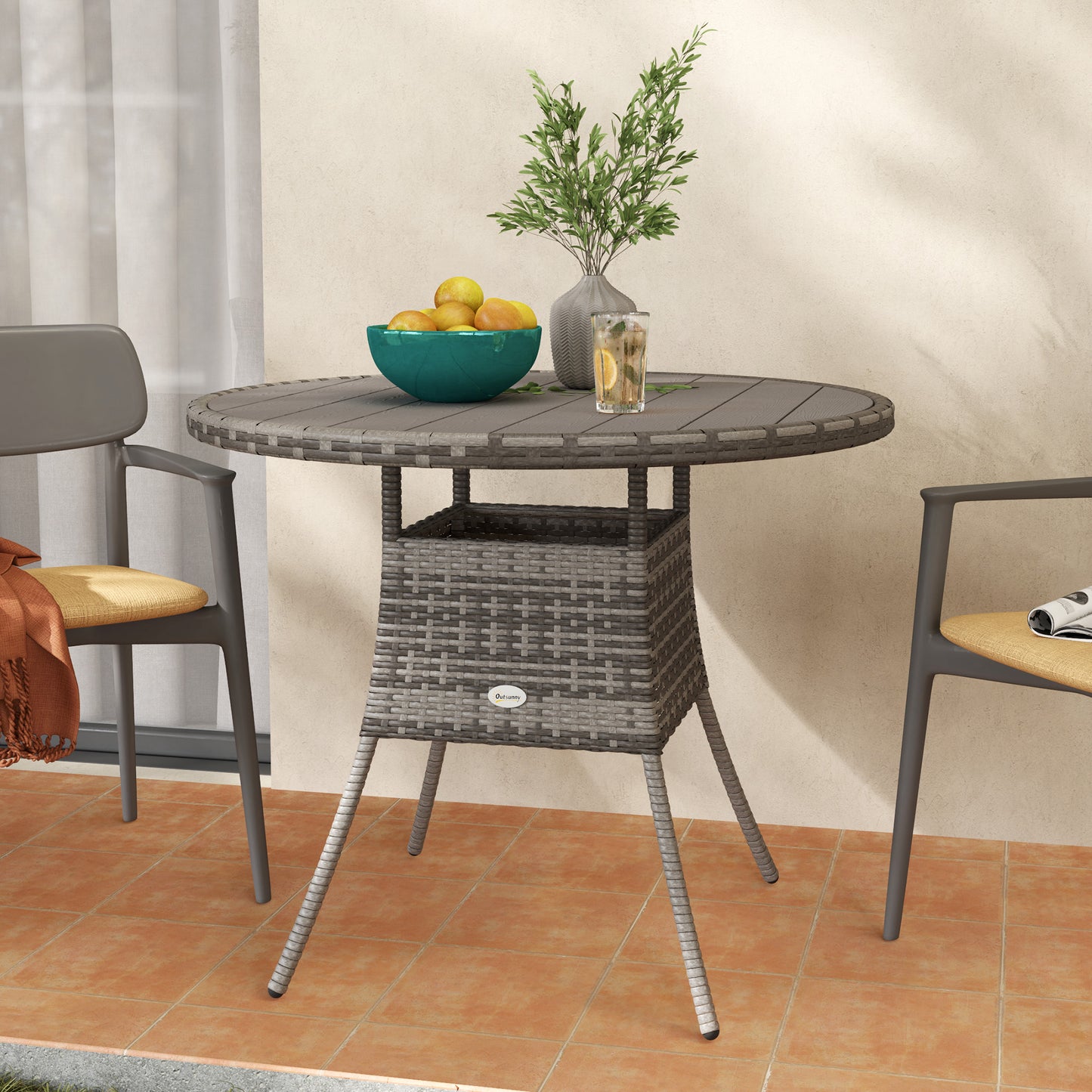 90 cm Wood-Effect Rattan Garden Table - Grey