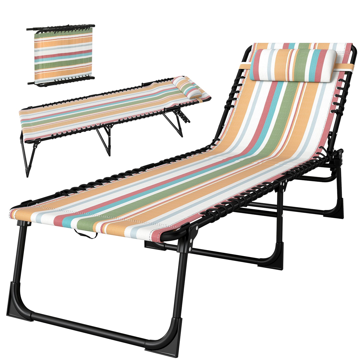 Folding Sun Lounger Beach Chaise Chair Garden Reclining Cot Camping Recliner with 4 Position Adjustable Multicolored