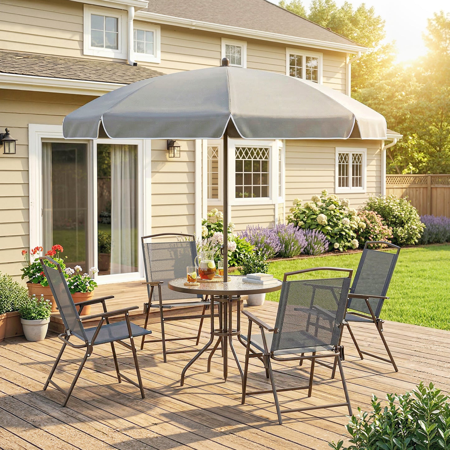 6 Piece Garden Dining Set with Umbrella, Patio Sets with Parasol, 4 Folding Dining Chairs, Dark Grey